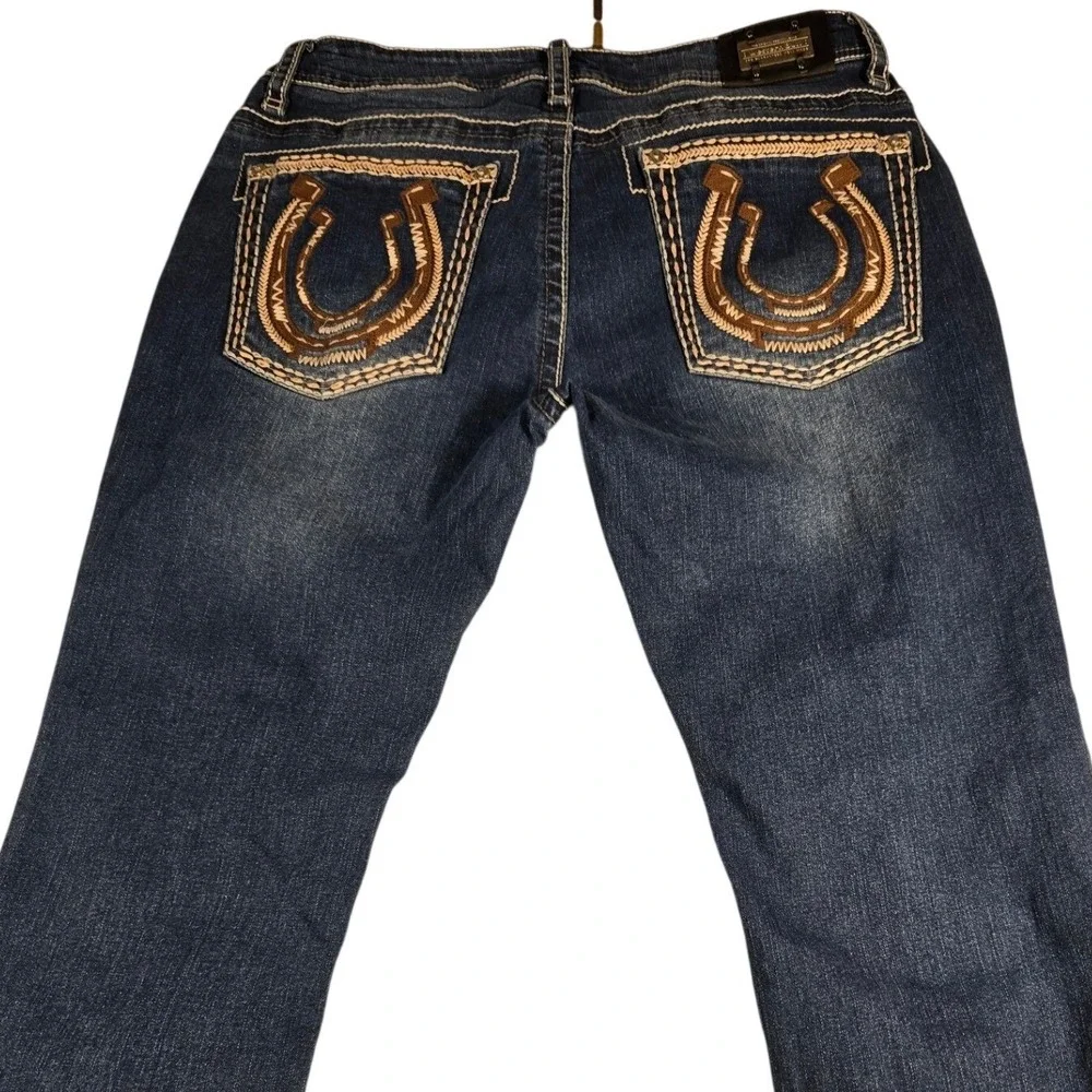 Western Bull Mens Straight Fit Jeans Dark Wash Horseshoe Embroidery 36x30 Blue